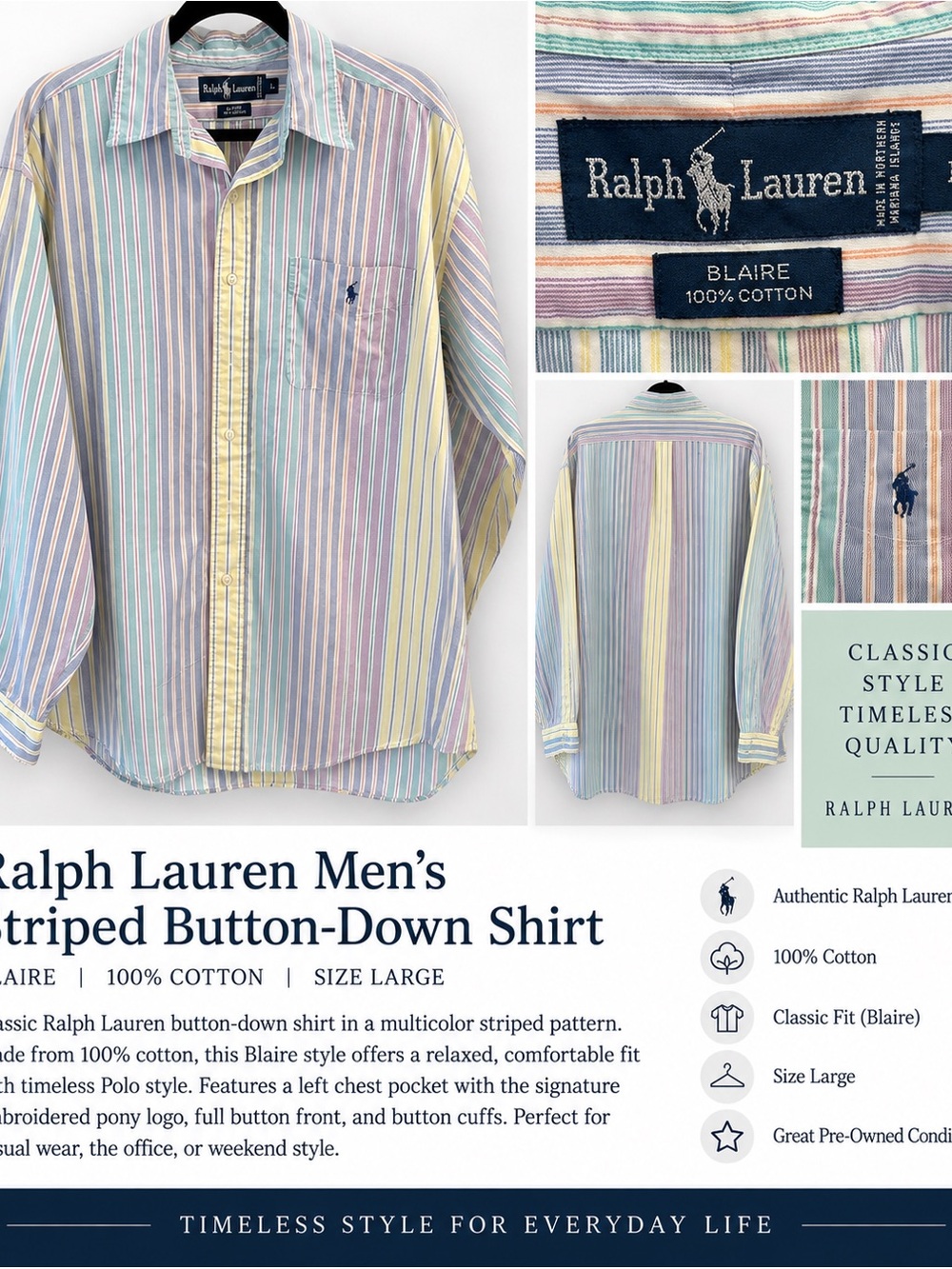 Ralph Lauren Blaire Men’s Large 100% Cotton Multicolor Striped Button Down Shirt